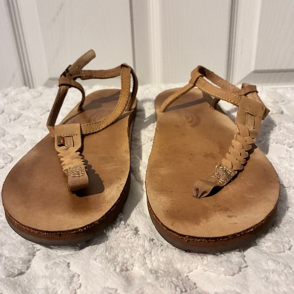 Women's Rainbow Braided T-Strap Tan Leather Sandals Size XXL 9.5-10.5